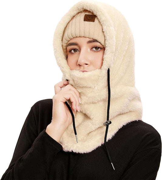 Fleece Balaclava Fuzzy Ski Mask for Women Warm Winter Hats for Women Ski Face Cover Integrated Ear Protection Windproof